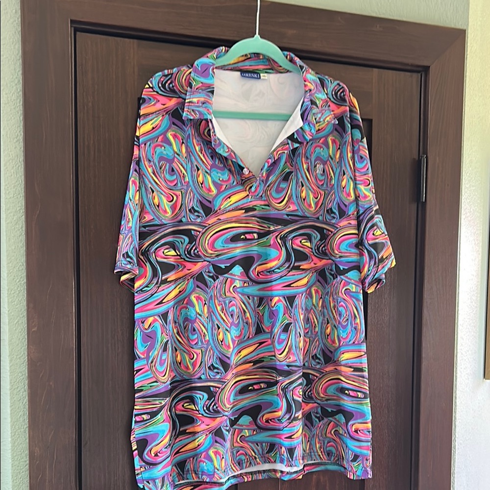 Red and Pink Casual Button Down Shirt with Psychedelic Print